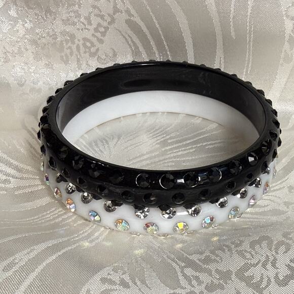 Vintage White AB Rhinestone & Black Rhinestone Acrylic Bangle Bracelets Set Of 2 - Picture 2 of 9